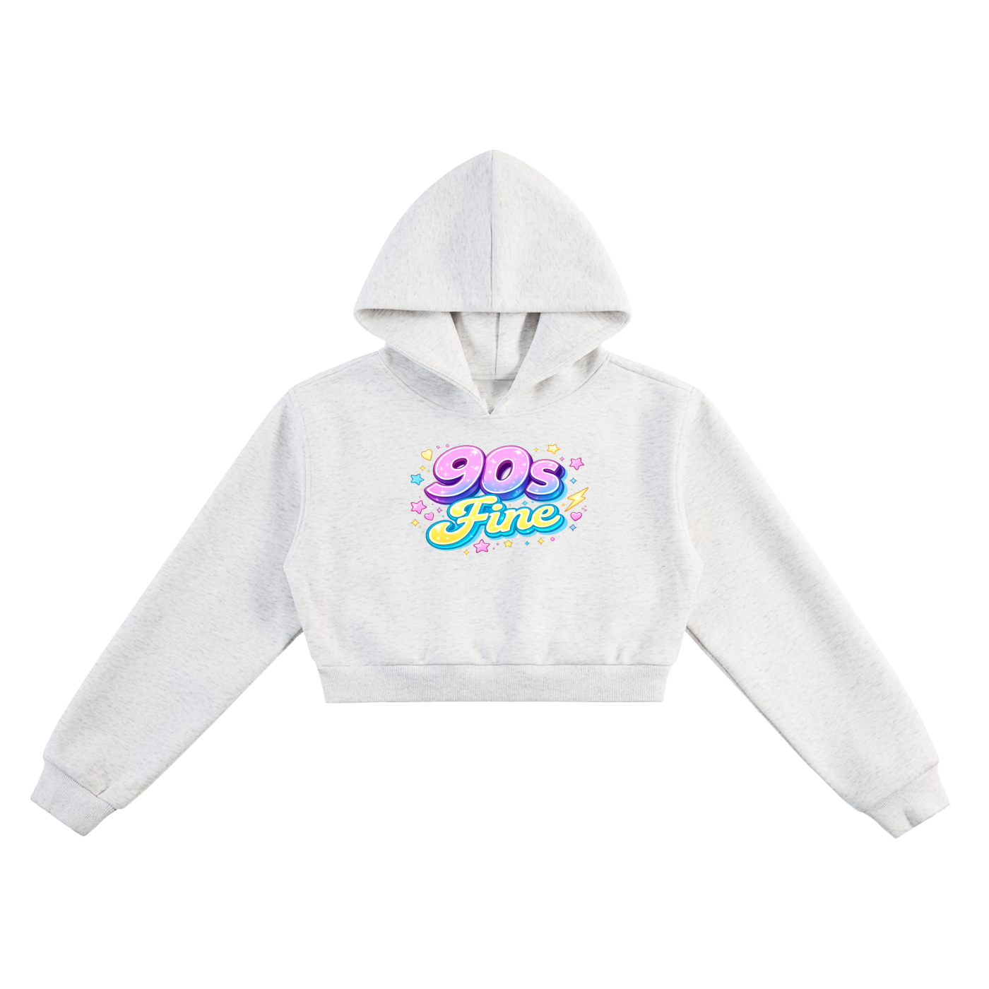 She's 90s FINE!! White cropped hoodie with '90s Fine' text on front. 90s Cosmic HXDECI logo on the back.