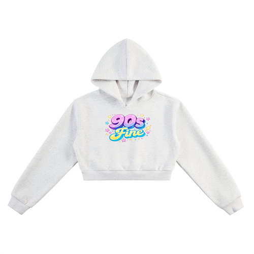 She's 90s FINE!! White cropped hoodie with '90s Fine' text on front. 90s Cosmic HXDECI logo on the back.